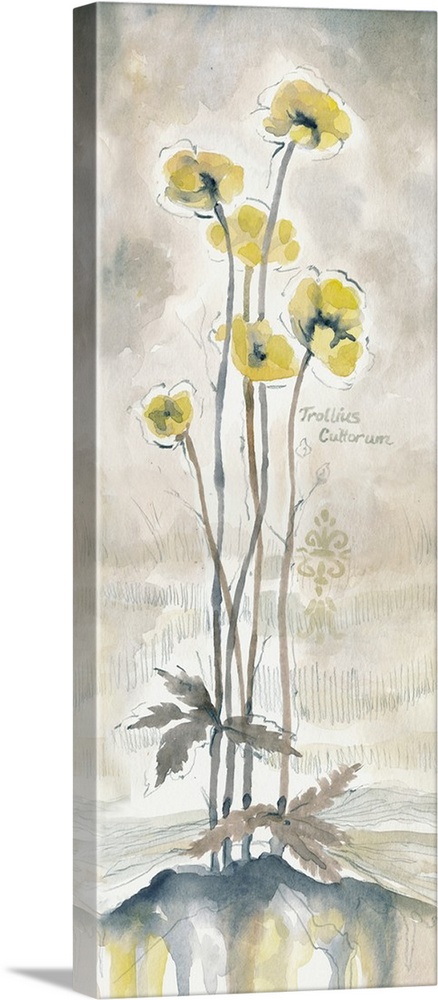 Tall watercolor painting of long stemmed yellow flowers on a neutral colored background.
