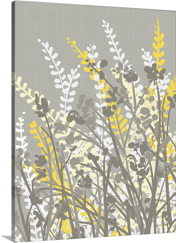 Graphic illustration of white, gray, and yellow silhouetted plants and flowers leaning towards the left.