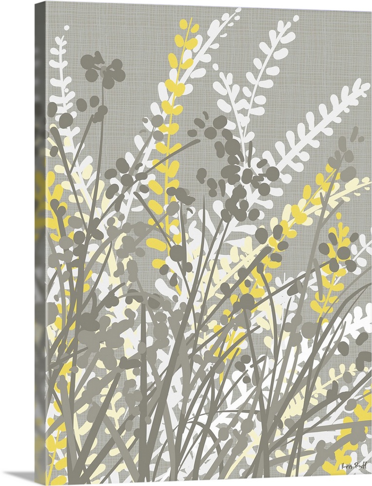 Graphic illustration of white, gray, and yellow silhouetted plants and flowers leaning towards the right.