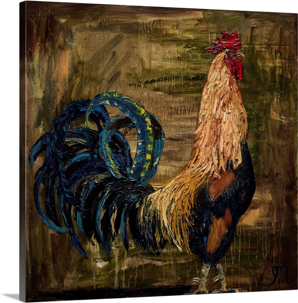 Square painting of a rooster with thick layered paint on a dark background with dripping paint.