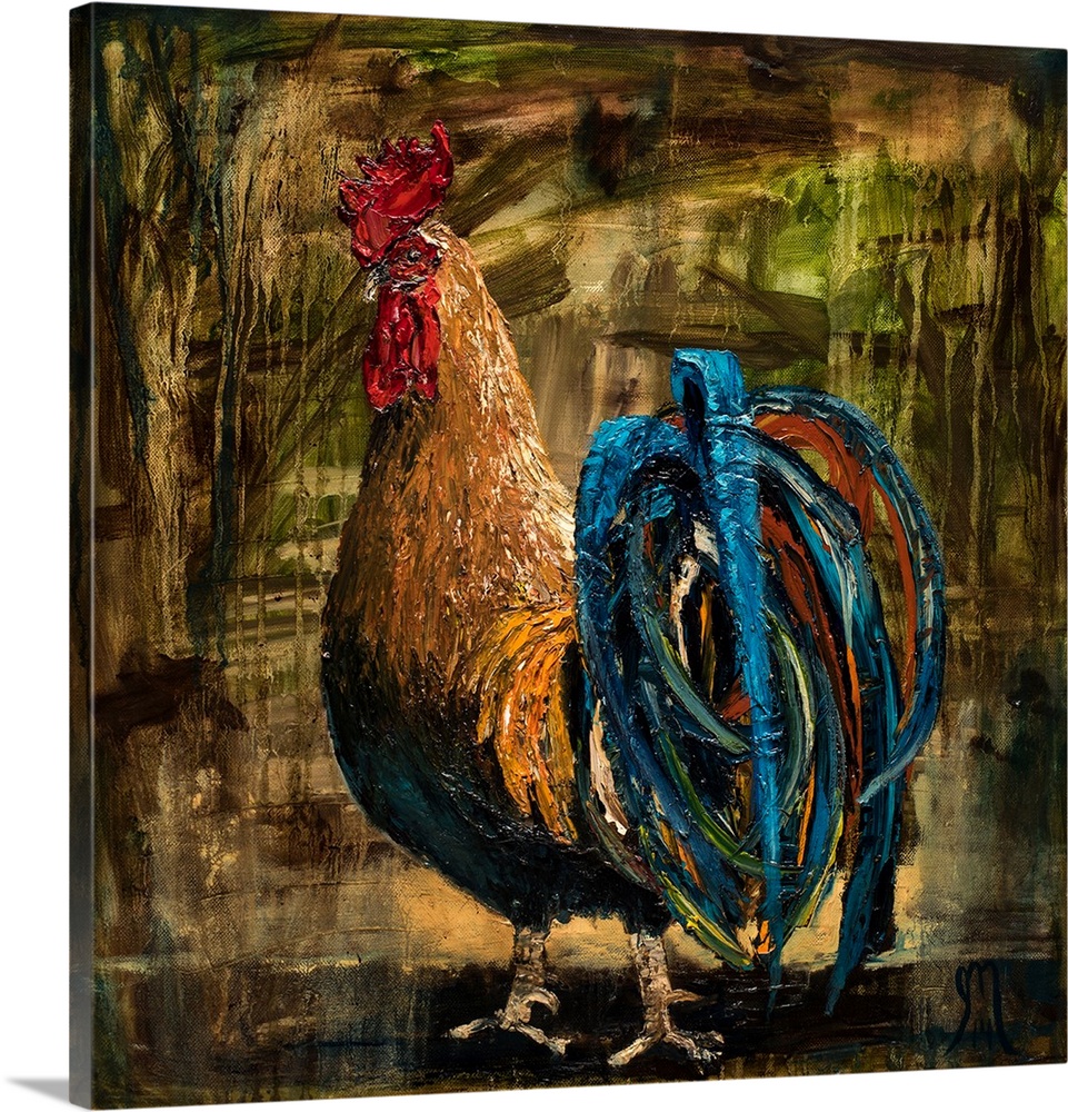 Square painting of a rooster with thick layered paint on a dark background with dripping paint.