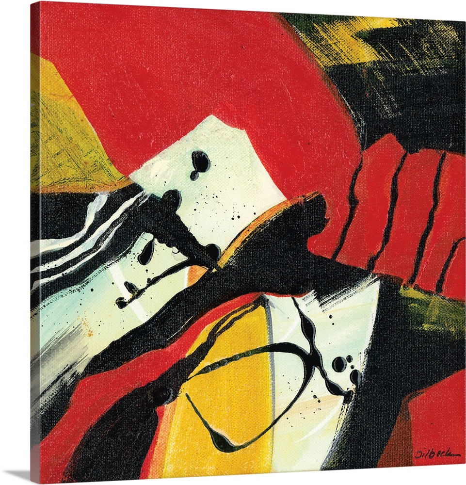 Square abstract painting with bold red, yellow, black, and white hues.