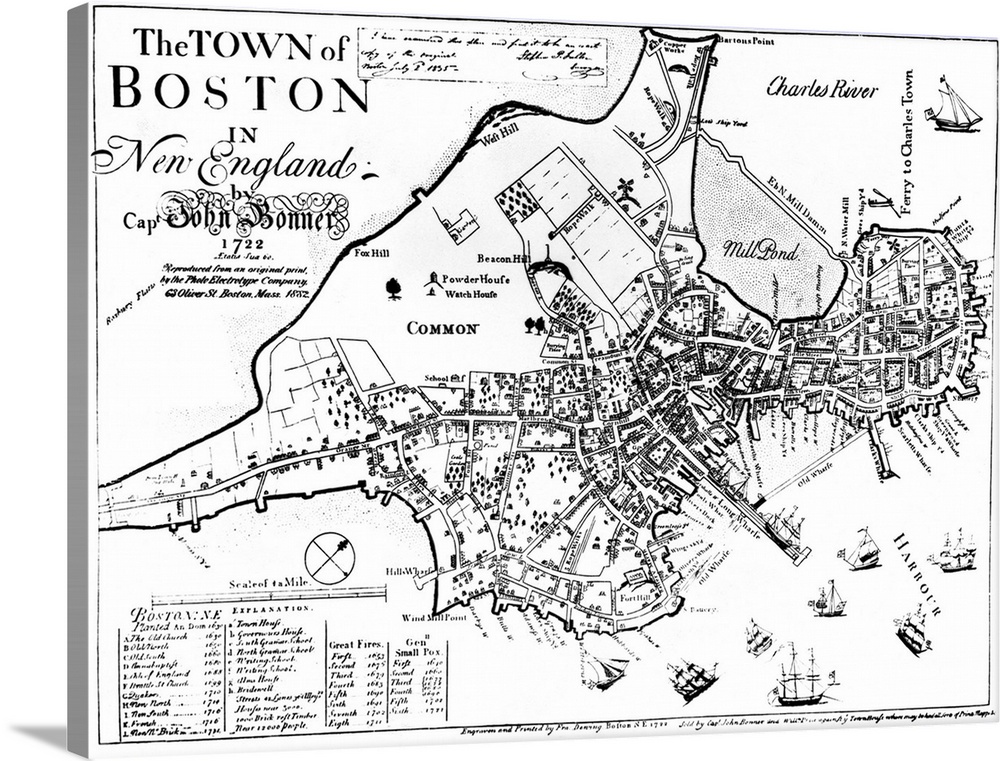 An 1882 copy of a 1722 map shows the original outlines of Boston, Massachusetts, as it had developed before the filling in...