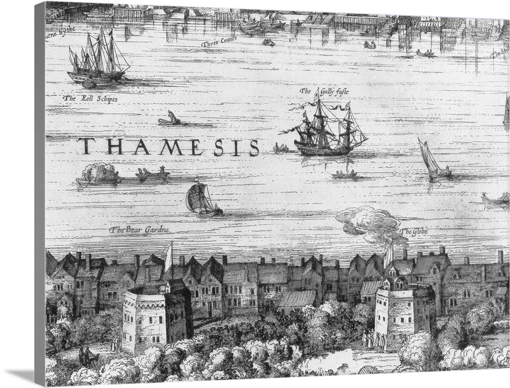 A 17th Century view of the London's Thames River, with Shakespeare's Globe Theater and Bear Garden in the foreground, in w...