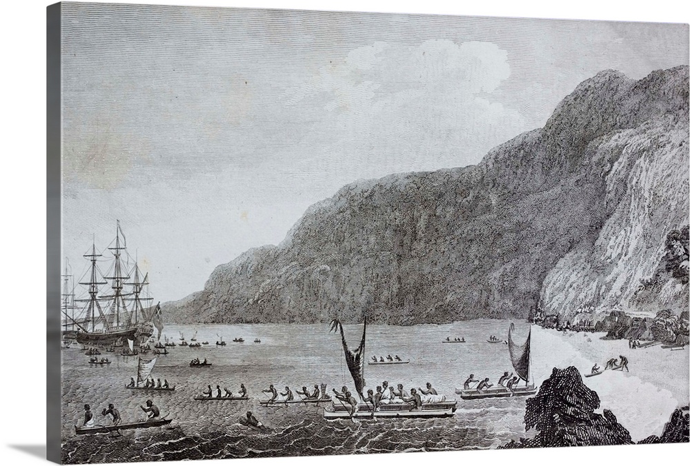 The engraving shows a ship, possibly HMS Resolution and native Hawaiians in canoes.