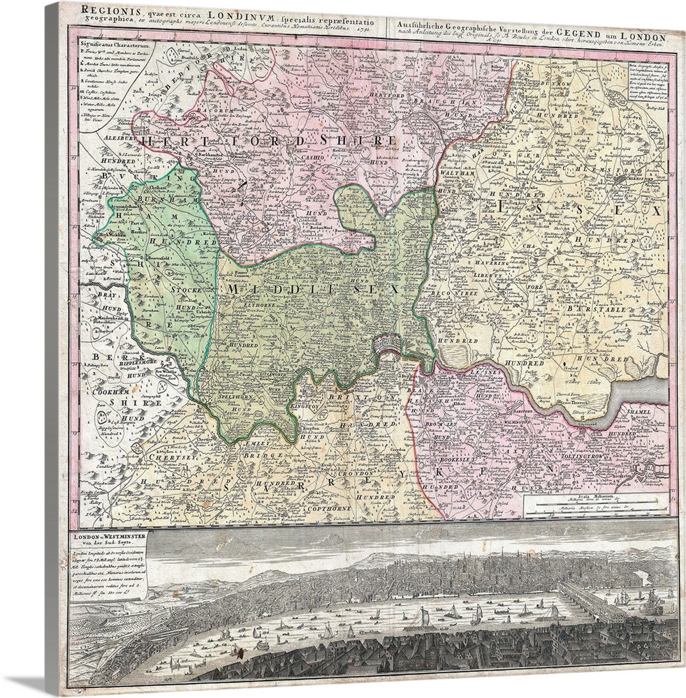 Map of London and Its Environs by Homann Heirs (Regionis quae est circa Londinum), 1741, hand-colored engraving, 22.5 x 20...