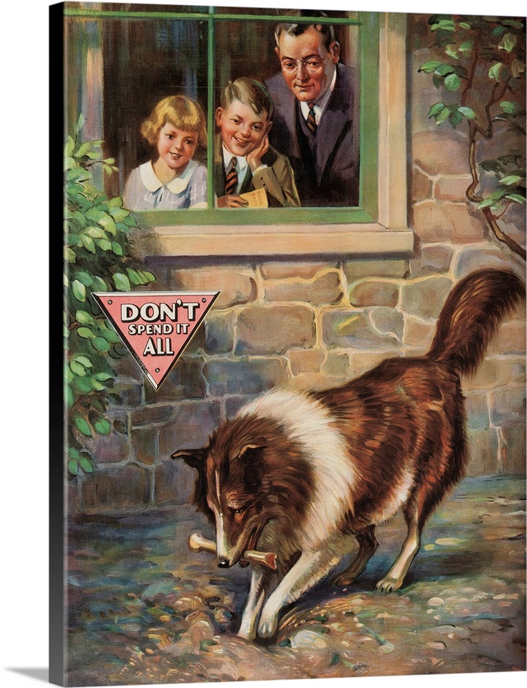 Printed by National Service Bureau, Father and children watch trough window as dog buries a bone, symbolic of savings.