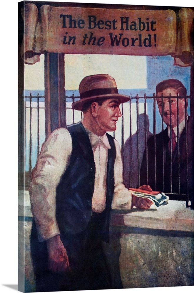 Printed by National Service Bureau, Working man makes a deposit into his savings account.