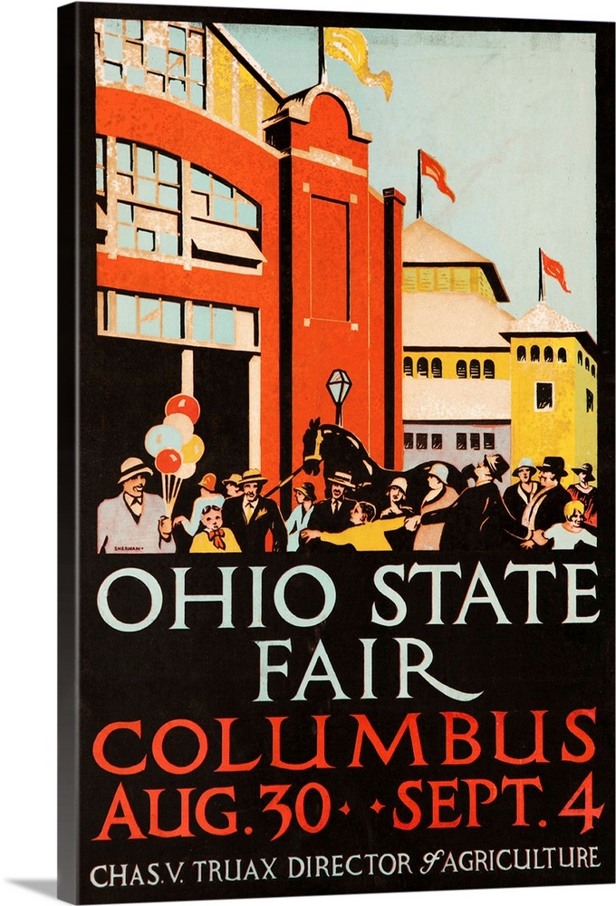 1926 Ohio State Fair Advertising Poster, crowds of fairgoers and exhibitors in front exhibit Halls.