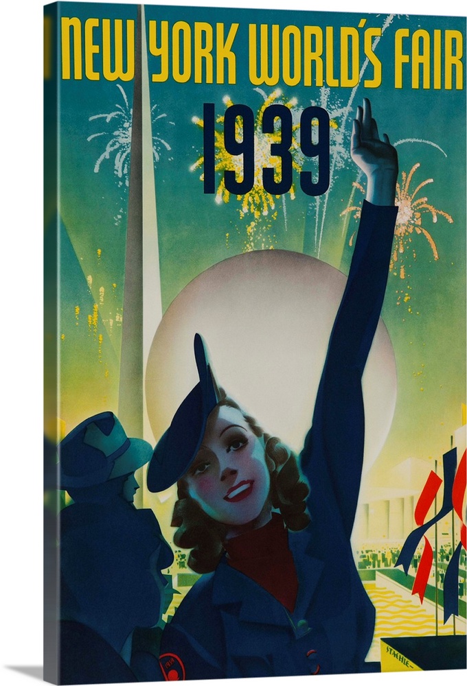 A happy fairgoer in front of Trylon and Perisphere while fireworks light the evening sky. Illustrated by Albert Staehle