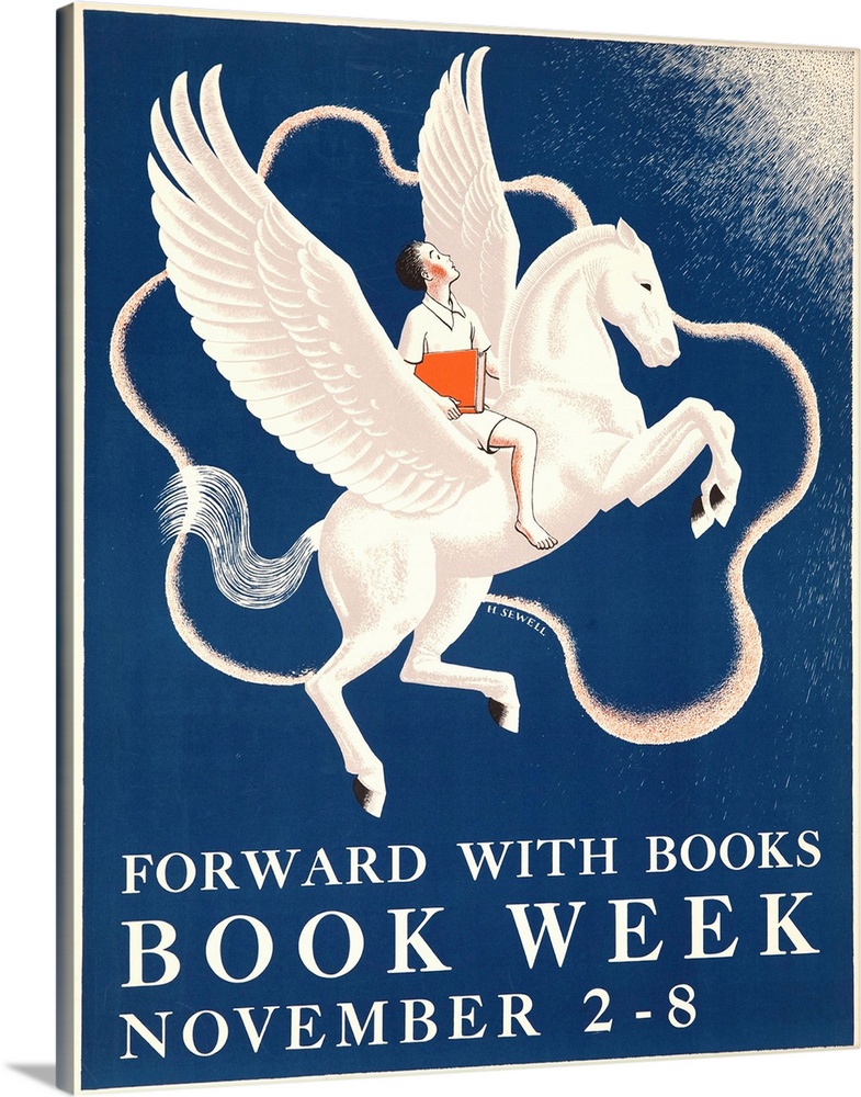 1941 Children's Book Week poster illustrated by H. Sewell, showing a young boy proudly holding a book while riding on the ...