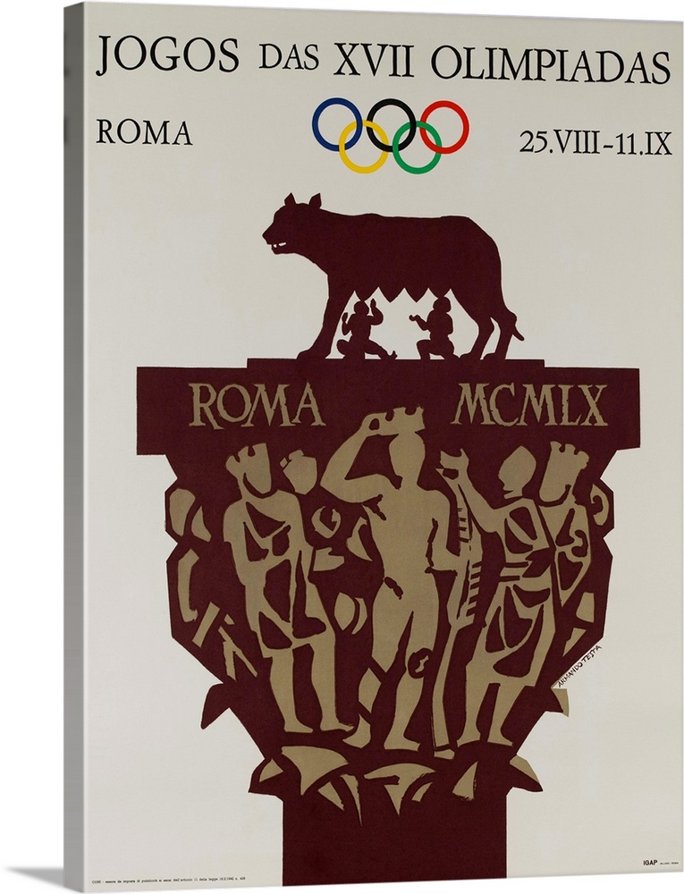 1960 Rome Summer Olympics poster illustrated by Armando Testa, shoing the Capitoline Wolf suckling Romulus and Remus.