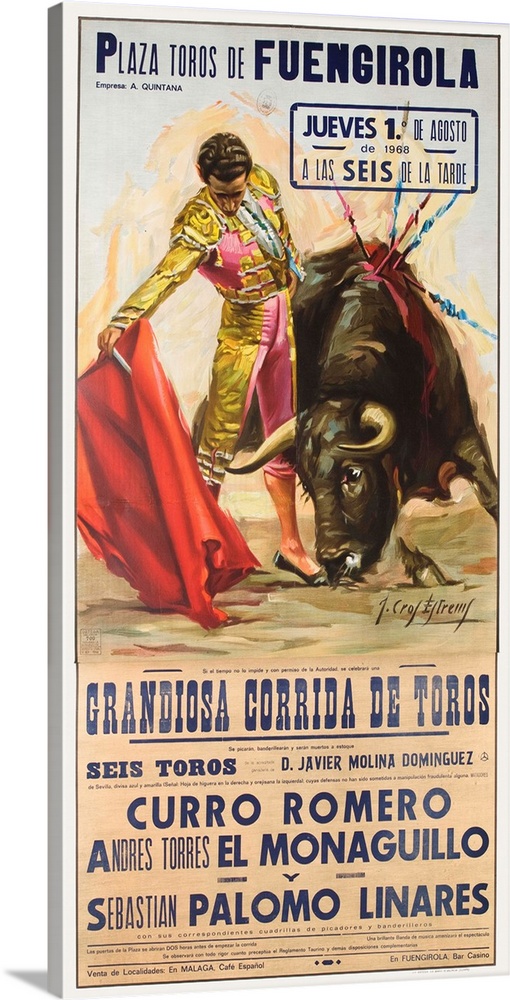 Spanish Bullfight poster showing matador with red cape. Six bulls, featured fighters include Curro Romero, El Monaguillo, ...