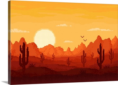 8-Bit Pixel Desert Landscape With Mountains And Sunset