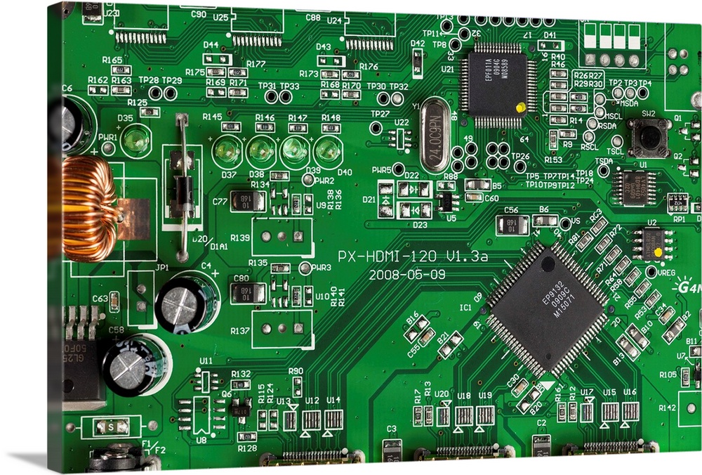 A computer mother board, close-up, full frame, directly above