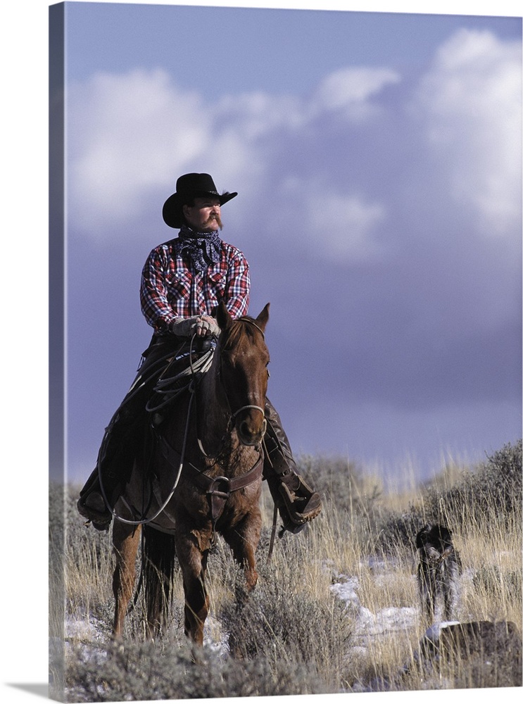 A cowboy poses on his horse with his dog