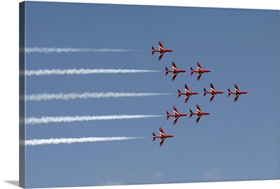 A dramatic view of the Red Arrows Formation Aerobatic Flying Team
