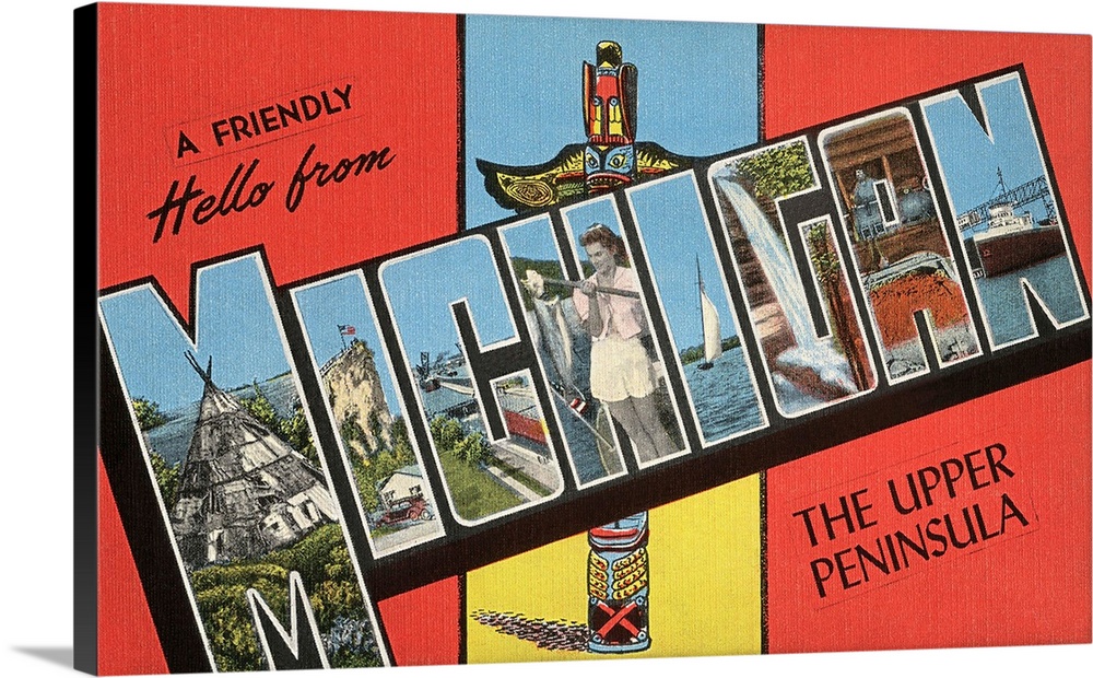 A Friendly Hello from Michigan, the Upper Peninsula, large letter vintage postcard