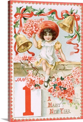 A Happy New Year Postcard With A Little Girl And Bells