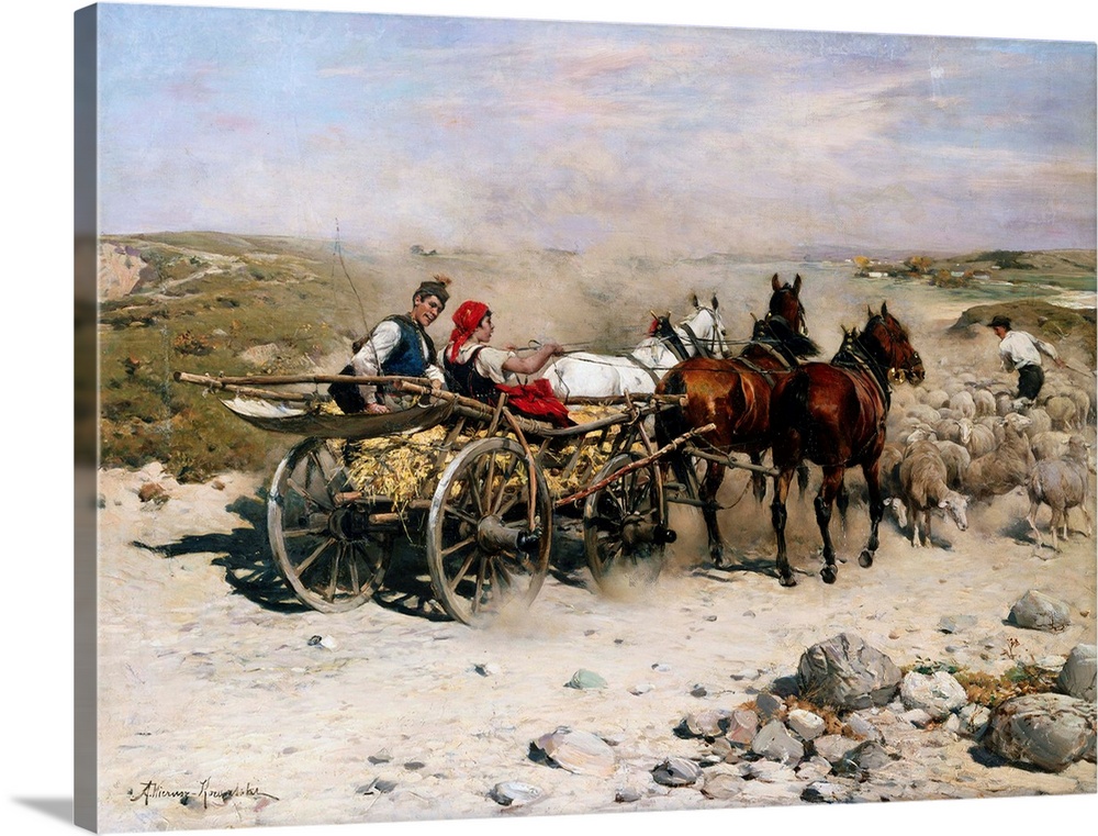 A Haycart, a Shepherd and His Flock on a Country Lane