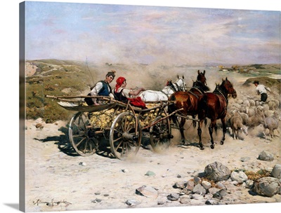 A Haycart, a Shepherd and His Flock on a Country Lane