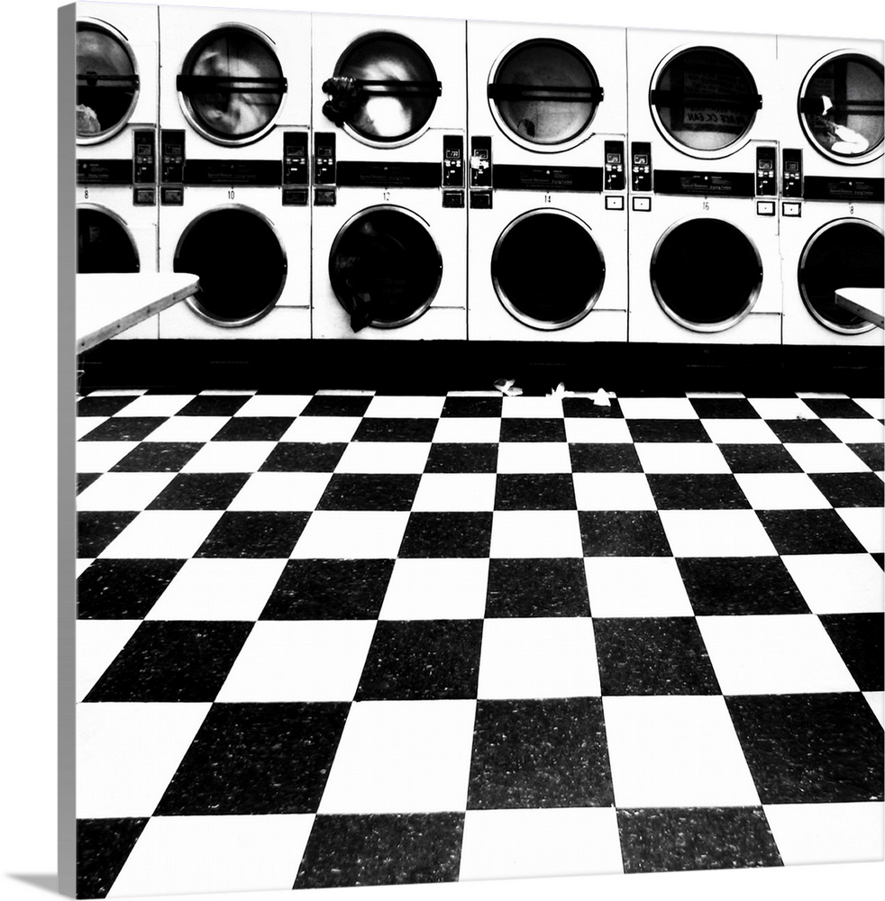 Laundromat with checker board tiles.