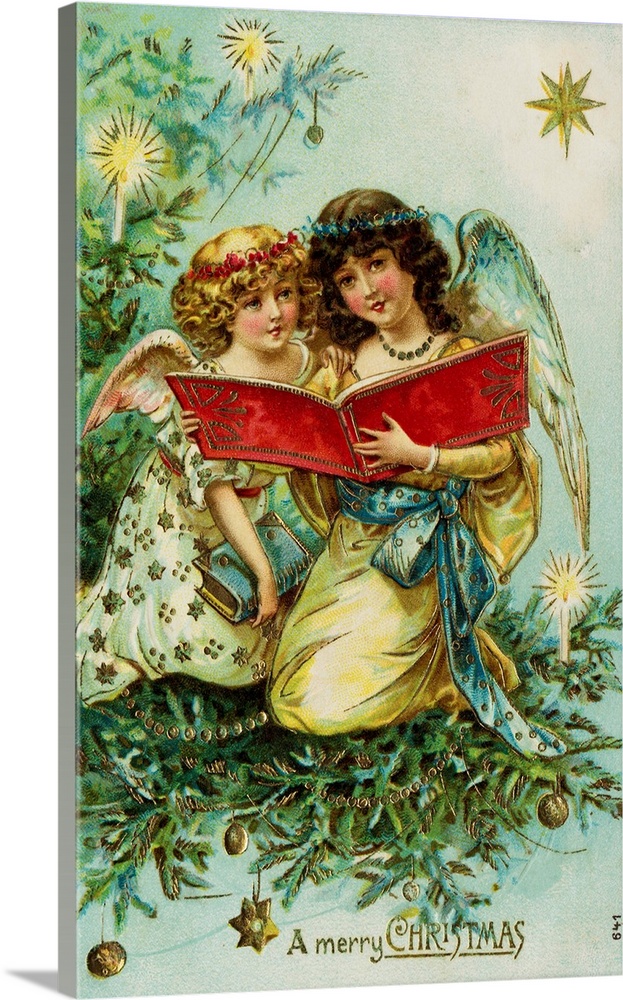 A Merry Christmas Postcard With Two Angels