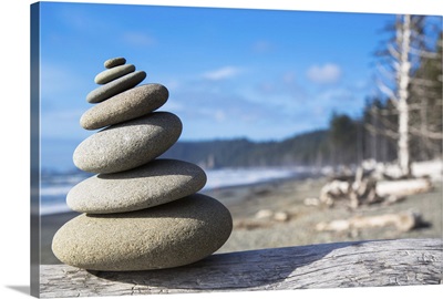 A pile of balancing smooth beach rocks near Rialto Beach, Washington