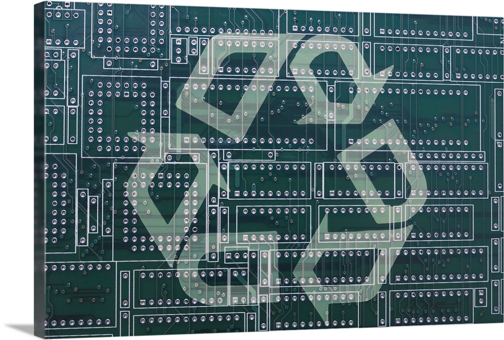 Recycle sign superimposed on circuit board (digital composite)