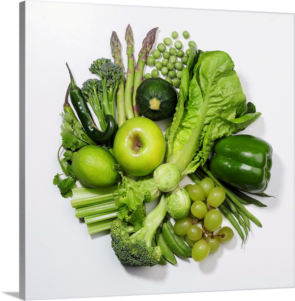 A selection of green fruits & vegetables.