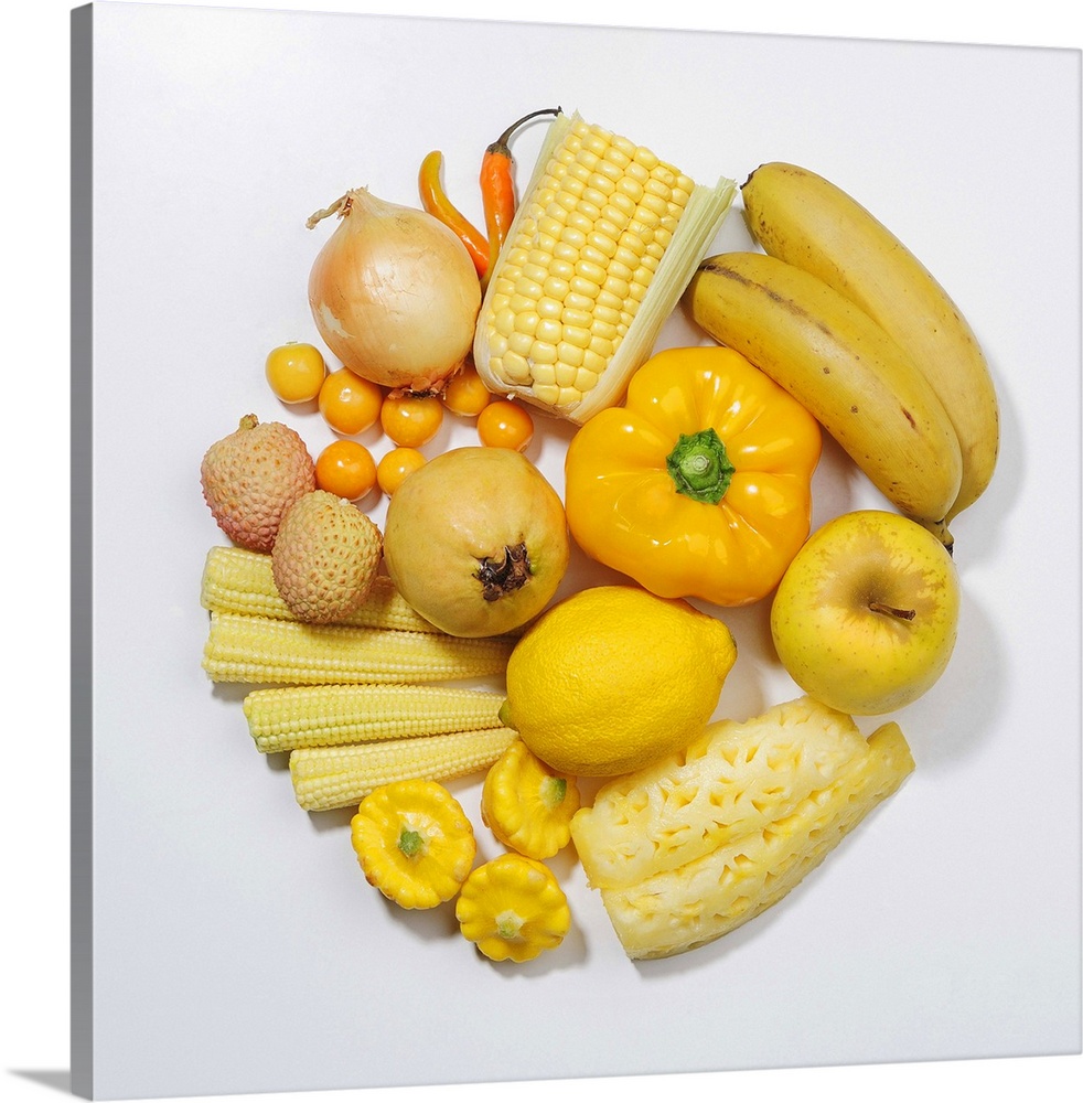 A selection of yellow fruits & vegetables.