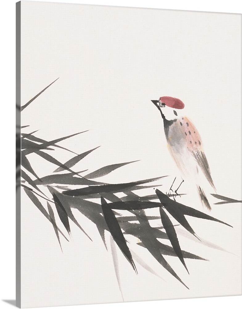 Vertical Asian artwork on a large canvas of a single sparrow perched on a branch of bamboo leaves, on a light, solid backg...