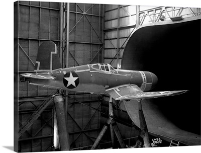 A stripped-down F4U-1 Corsair in the wind tunnel at Hampton, Virginia