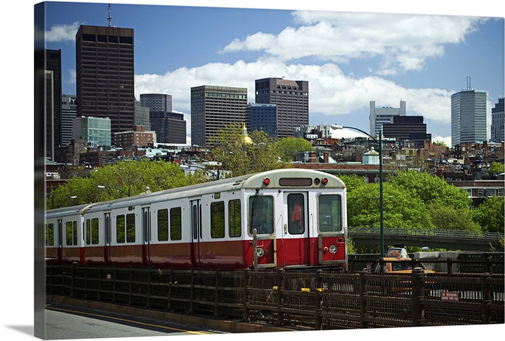 A train with Boston skyline background