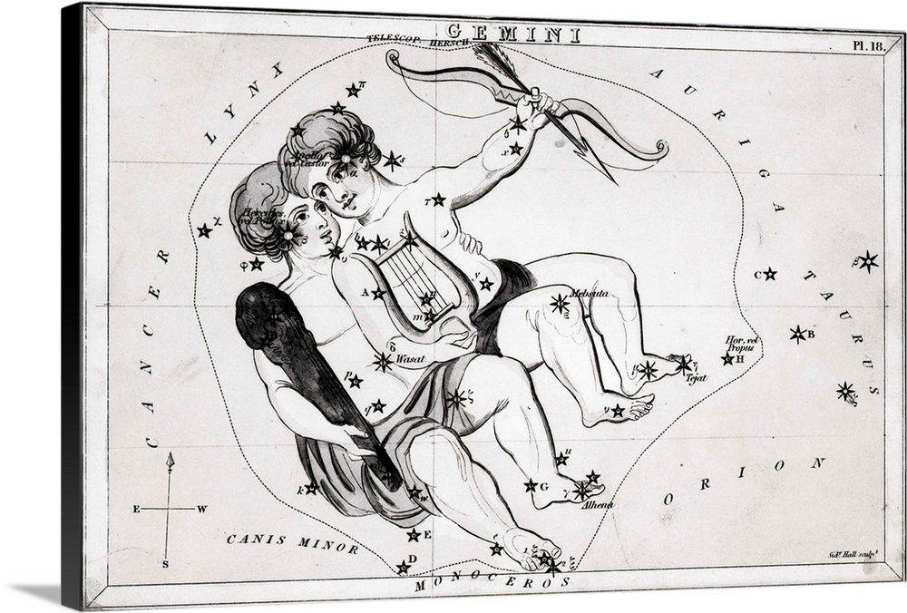 Engraving of A View of the Heavens showing the constellation Gemini, the Twins. The Twins are shown as children, one holds...