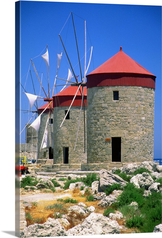 Low angle view of a windmill at Mandraki Harbor, Rhodes, Greece