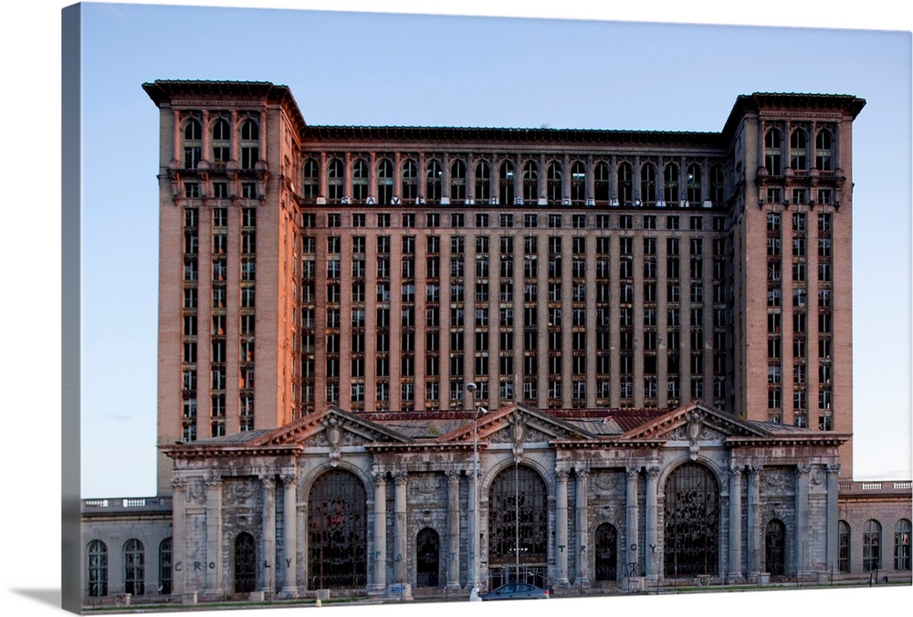 Abandoned Michigan Central Station in downtown at sunset on a summer evening.