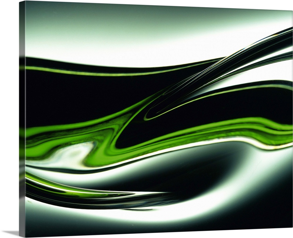 Abstract canvas painting of dark curving lines going through a gradient.