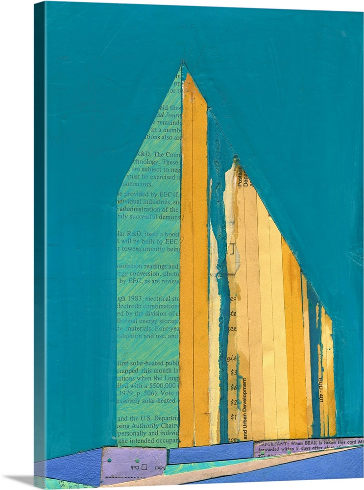 Abstract cityscape collage using vintage cut paper and oil paint. Colorful teal blue and yellow gold geometric angles that...