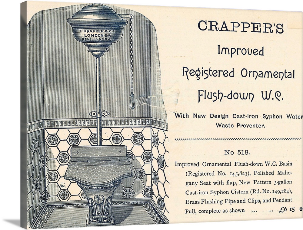 Crapper's Improved Registered Ornamental Flush-down W.C. with new design cast-iron syphon water waste preventer.