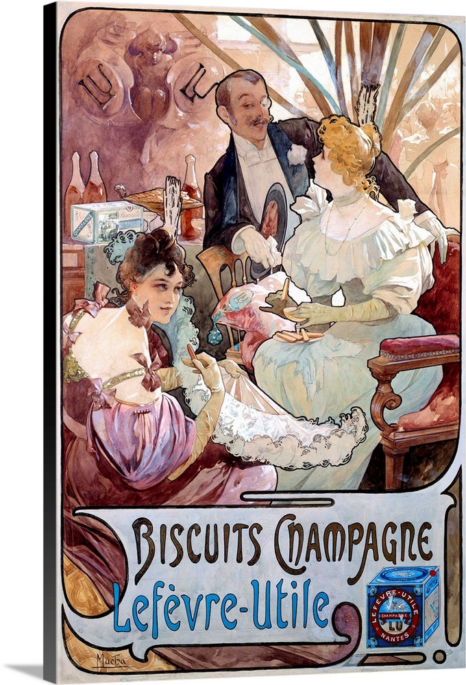Art Nouveau : advertising poster for Biscuits Champagne manufactured by Lefevre-Utile (Lefevre Utile), by Alphonse Mucha (...