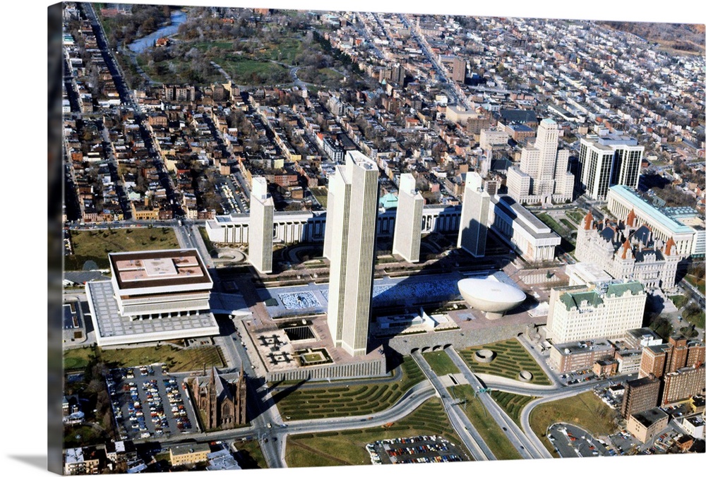Albany, New York: Aerial view of the Gov. Nelson A. Rockefeller Empire State Plaza, a $2 billion complex of state office b...