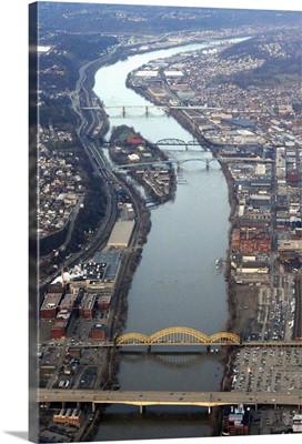 Aerial shot of bridges over a river in Pittsburgh, Pennsylvania