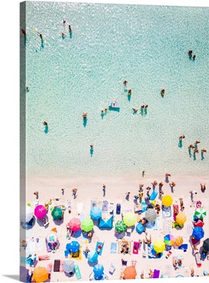 Aerial View Of A White Beach Full Of Beach Umbrellas, Cala Brandinchi, Sardinia, Italy