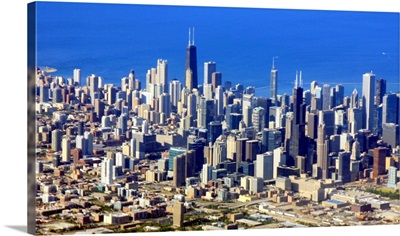 Aerial view of Chicago Downtown with Lake Michigan in background.
