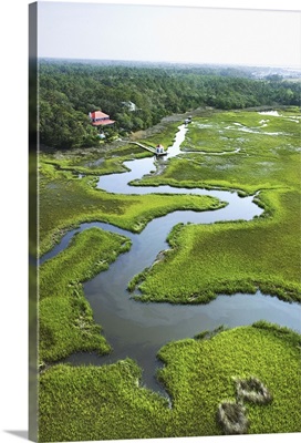 Aerial view of coastal wetland, Bald Head Island, North Carolina