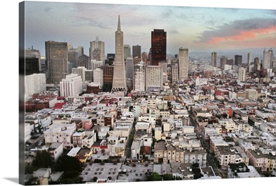 Aerial view of downtown San Francisco, California at sunset.