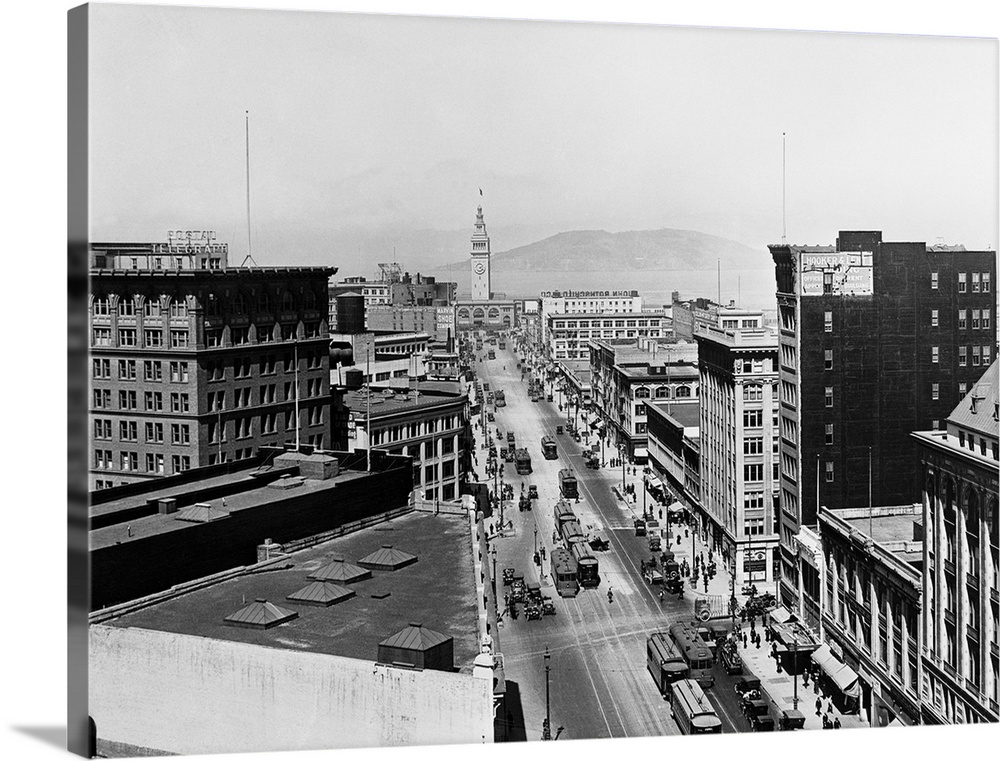 1916-San Francisco, CA: Market Street looking down from Montgomery Street. Aerial view.