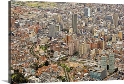 Aerial view of modern area of Bogota City with many high-rise buildings.