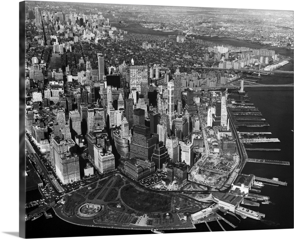 Photo shows an aerial view of New York City's skyline.